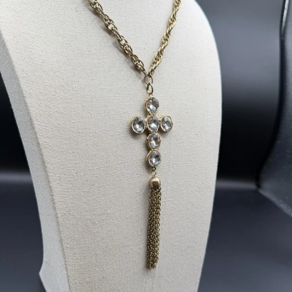 Crystal Rhinestone Cross Pendant Necklace Gold Tone Chain Tassel Statement Gift